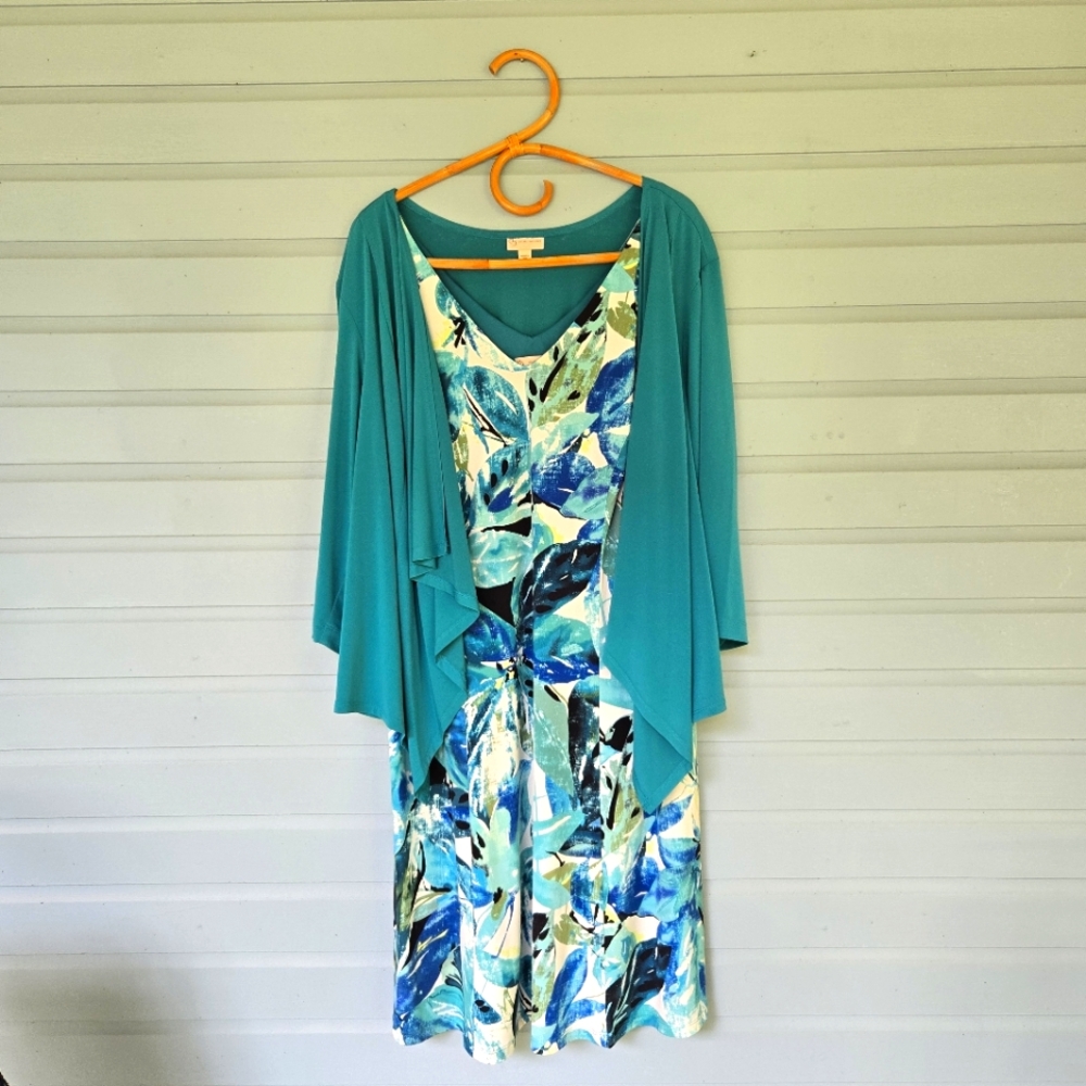 db Teal And White Tropical Leaf Dress With Shawl Cardigan